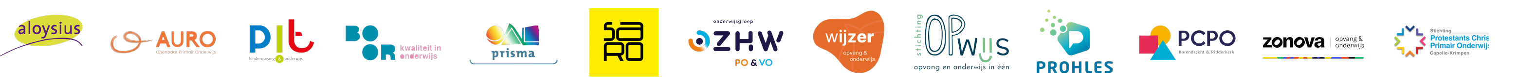 Logo's van onder meer Aloysius, AURO, PIT, BOOR, Prisma, SaRO, ZHW, Wijzer, OPwijs, Prohles, PCPO en Zonova