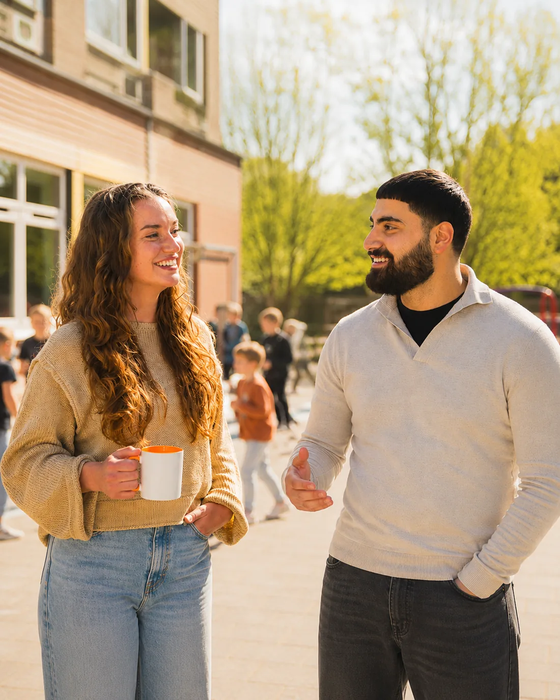 Twee docenten in gesprek op het schoolplein