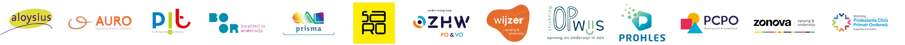 Logo's van onder meer Aloysius, AURO, PIT, BOOR, Prisma, SaRO, ZHW, Wijzer, OPwijs, Prohles, PCPO en Zonova